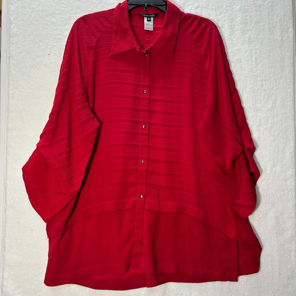 John Mark Womens Size XL Red 3/4 Sleeve Button Up Blouse Top (L3)